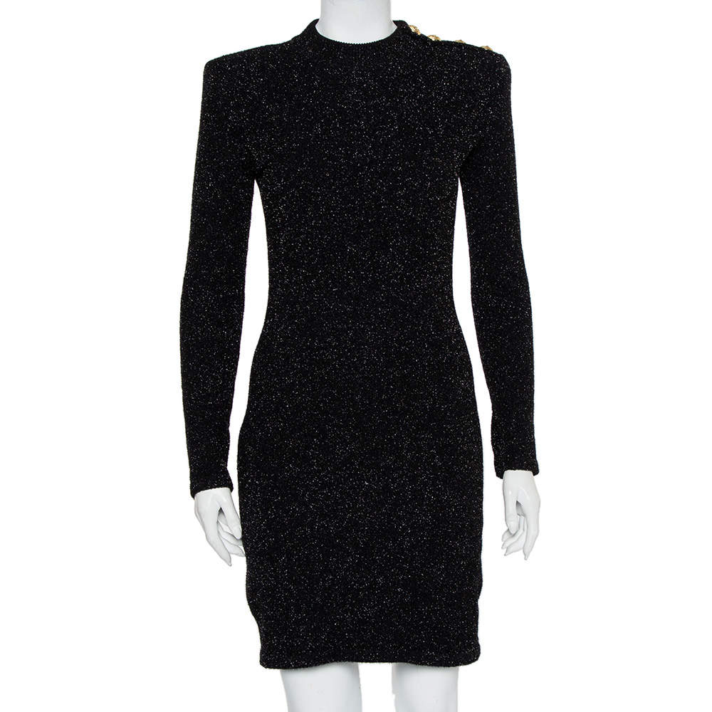 Balmain Black Lurex Knit Shoulder Button Detail Mini Dress M
