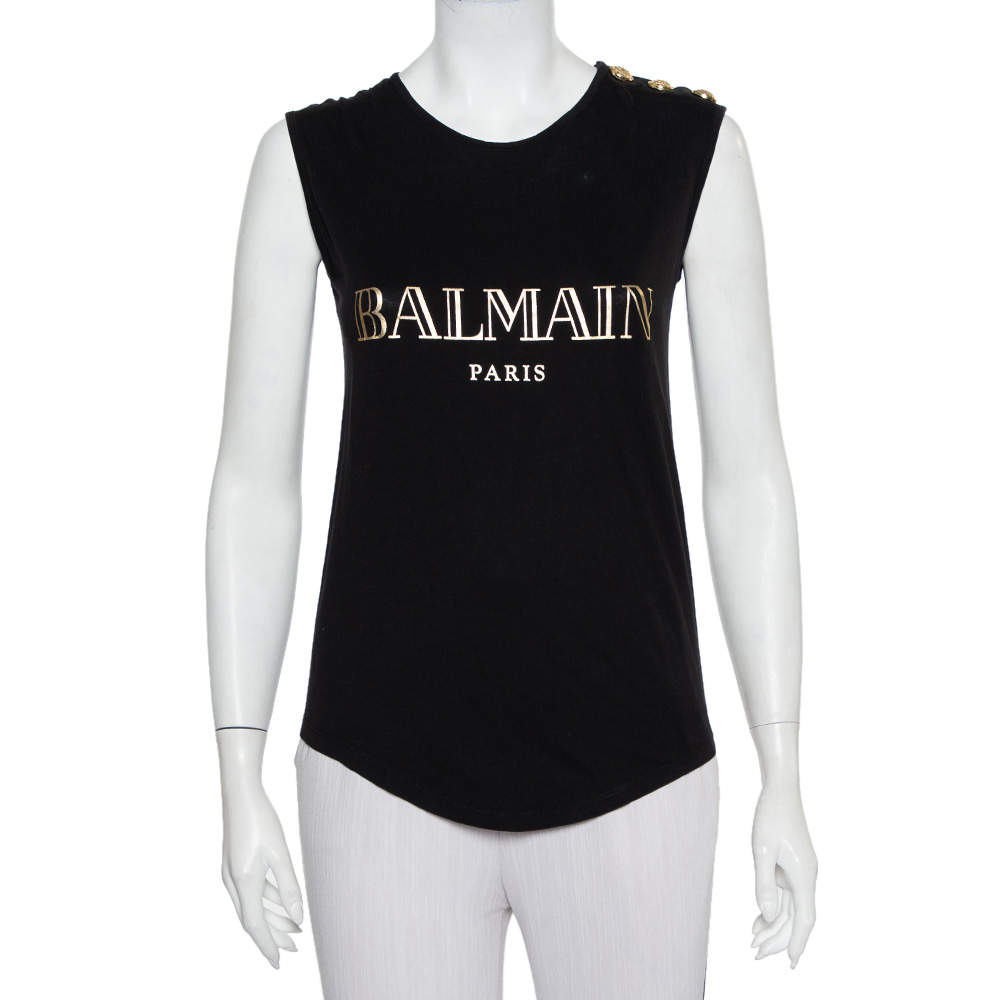 Pre Owned Balmain Black Logo Printed Cotton Shoulder Button Detail Sleeveless T-Shirt S
