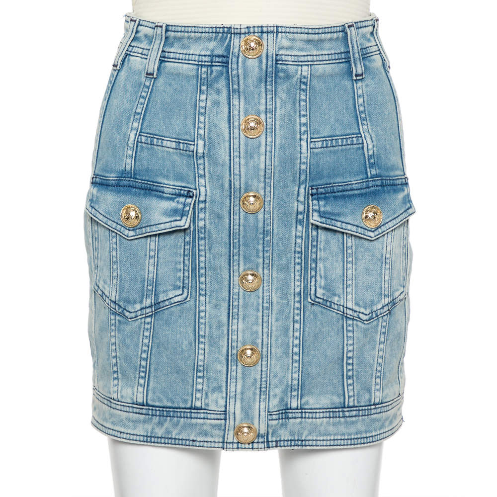Pre Owned Balmain Blue Light Wash Denim Button Detail Mini Skirt M