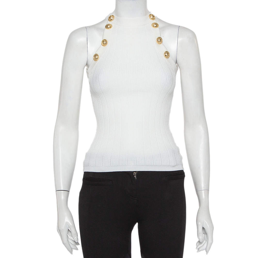 Pre Owned Balmain White Rib Knit Button Embellished Cutaway Top S
