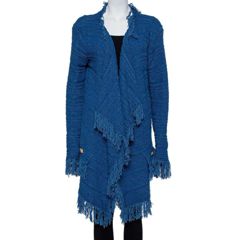 Pre Owned Balmain Blue Textured knit Fringed Open Front Jacket XL
