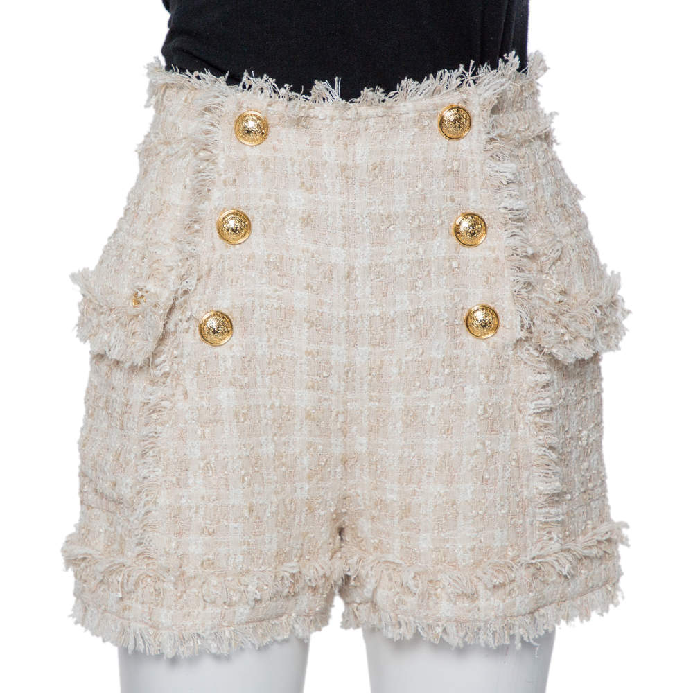 Balmain Cream Tweed Button Detail Shorts S