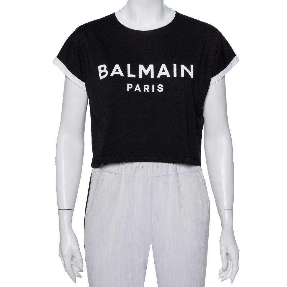 Pre Owned Balmain Black Logo Printed Cotton Crop Top XXS