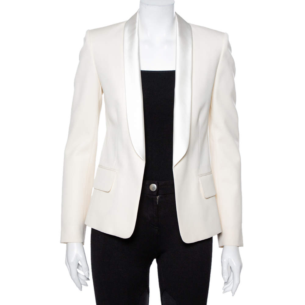 Balmain Cream Wool Satin Trim Open Front Blazer M