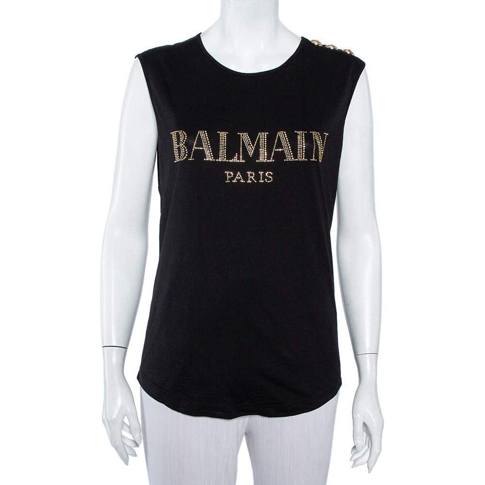 Pre Owned Balmain Black Cotton Logo Embellished Sleeveless T-Shirt S