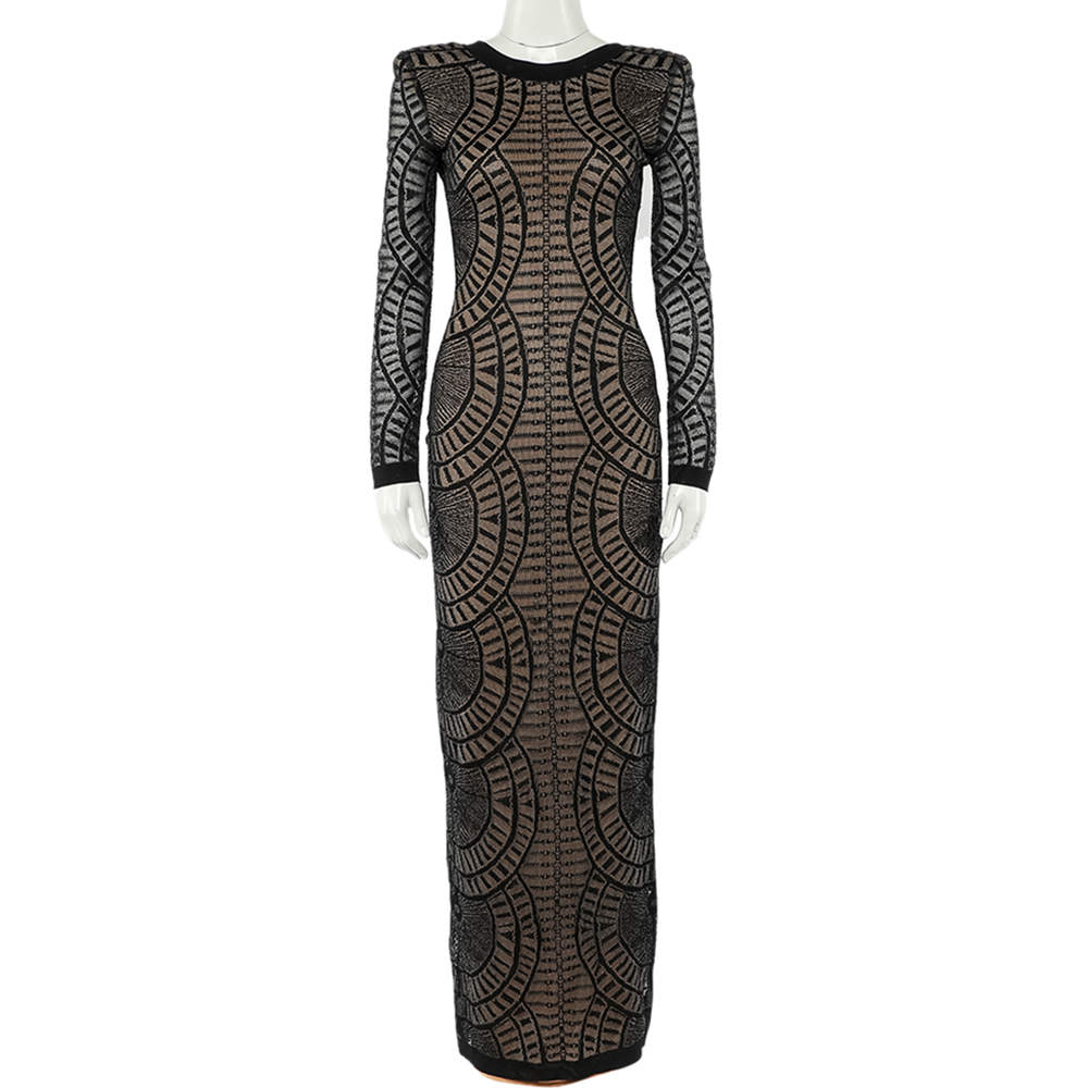 Pre Owned Balmain Black Perforated Stretch Knit Long Sleeve Dress S