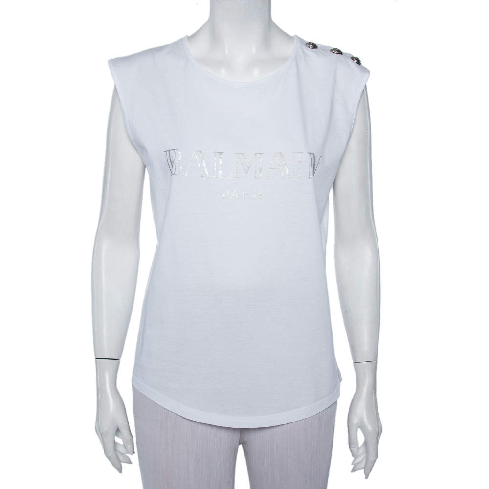 Pre Owned Balmain White Logo Printed Cotton Button Detail Sleeveless T-Shirt S