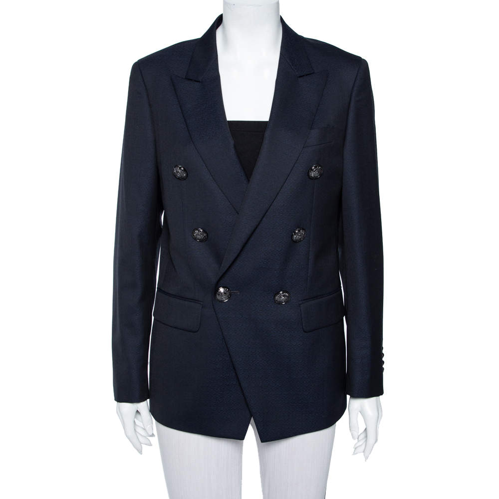 Pre Owned Balmain Navy Blue Textured Wool Double Breasted Blazer L