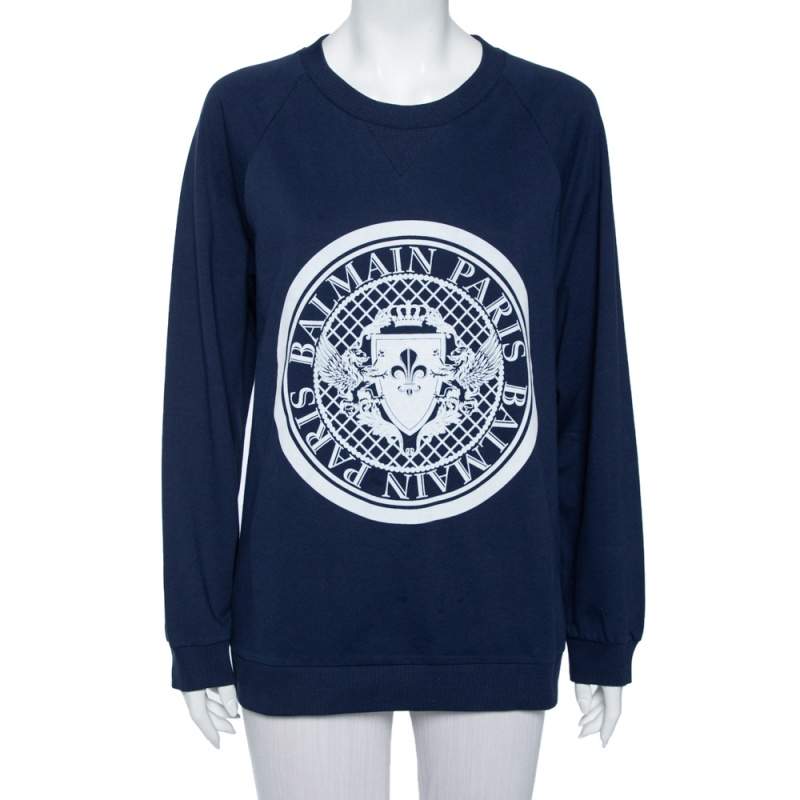 Pre Owned Balmain Navy Blue Cotton Logo Stamp Detail Sweatshirt S