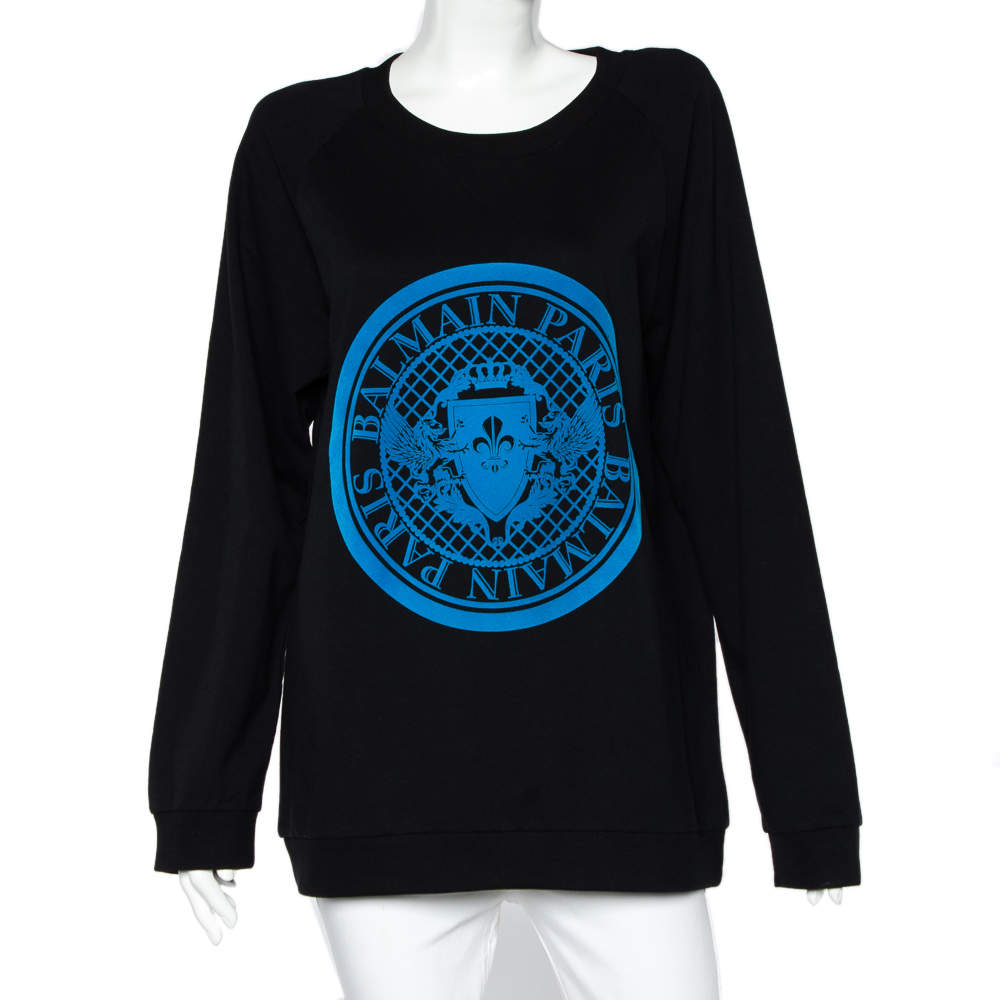 Balmain Black Cotton Knit Fleece Logo Detail Oversized Sweatshirt M