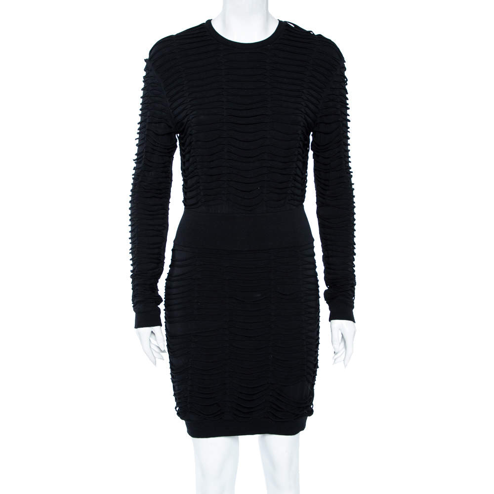 Pre Owned Balmain Black Jersey Distressed Overlay Round Neck Mini Dress S