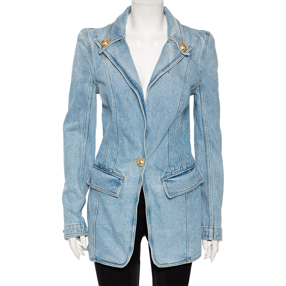 Pre Owned Balmain Blue Light Washed Denim Single Button Blazer M 