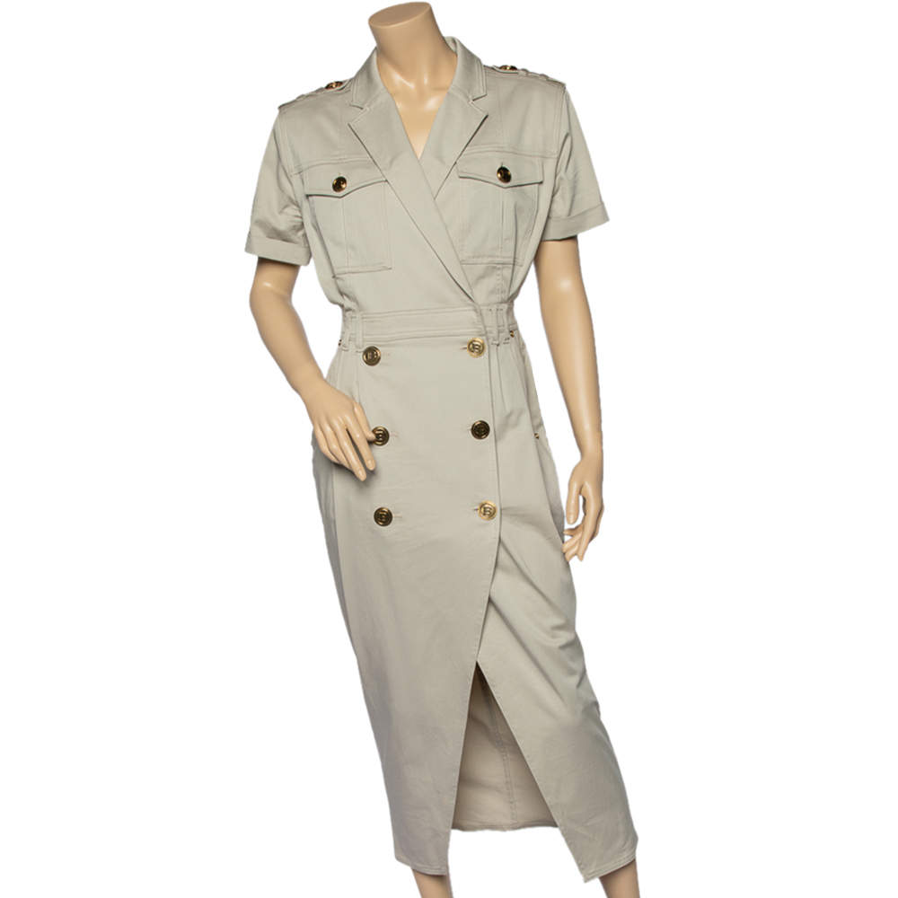Pre Owned Balmain Beige Stretch Cotton Double Breasted Dress M