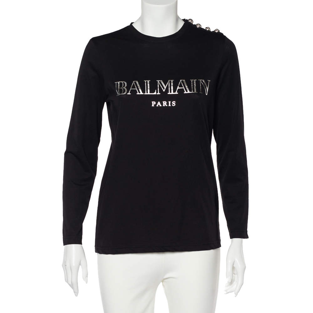 Balmain Black Logo Print Cotton Button Detail Long Sleeve T-Shirt XS