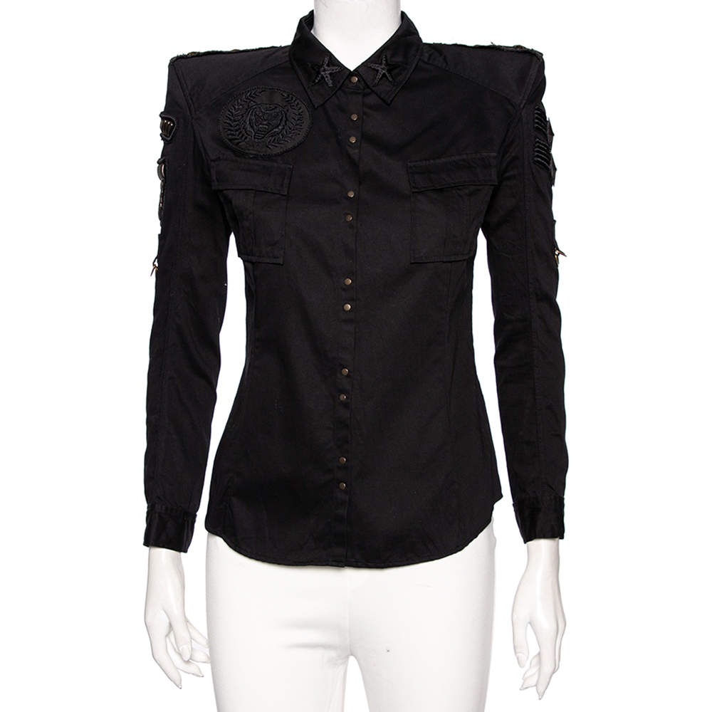 Pre Owned Balmain Black Embroidered & Embellished Cotton Button Front Military Shirt M