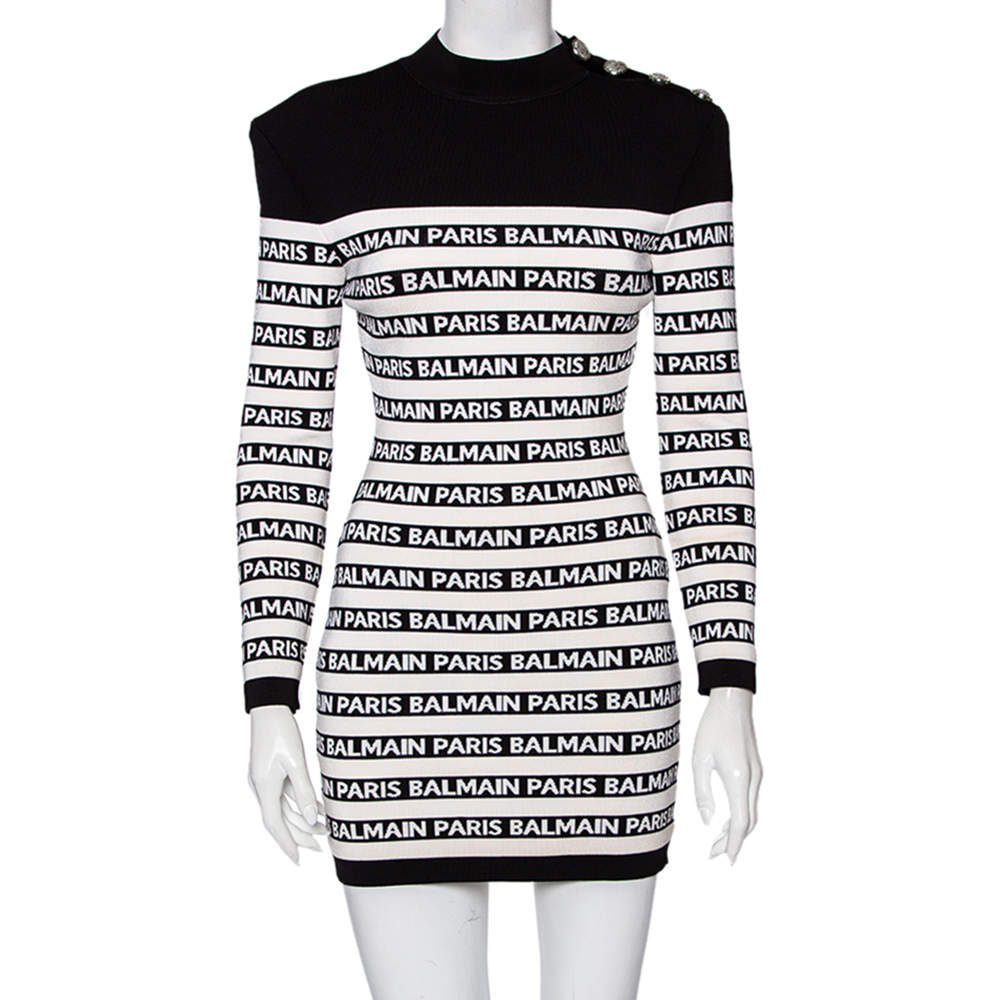 Pre Owned Balmain Monochrome Logo Knit Embossed Button Detail Bodycon Mini Dress M
