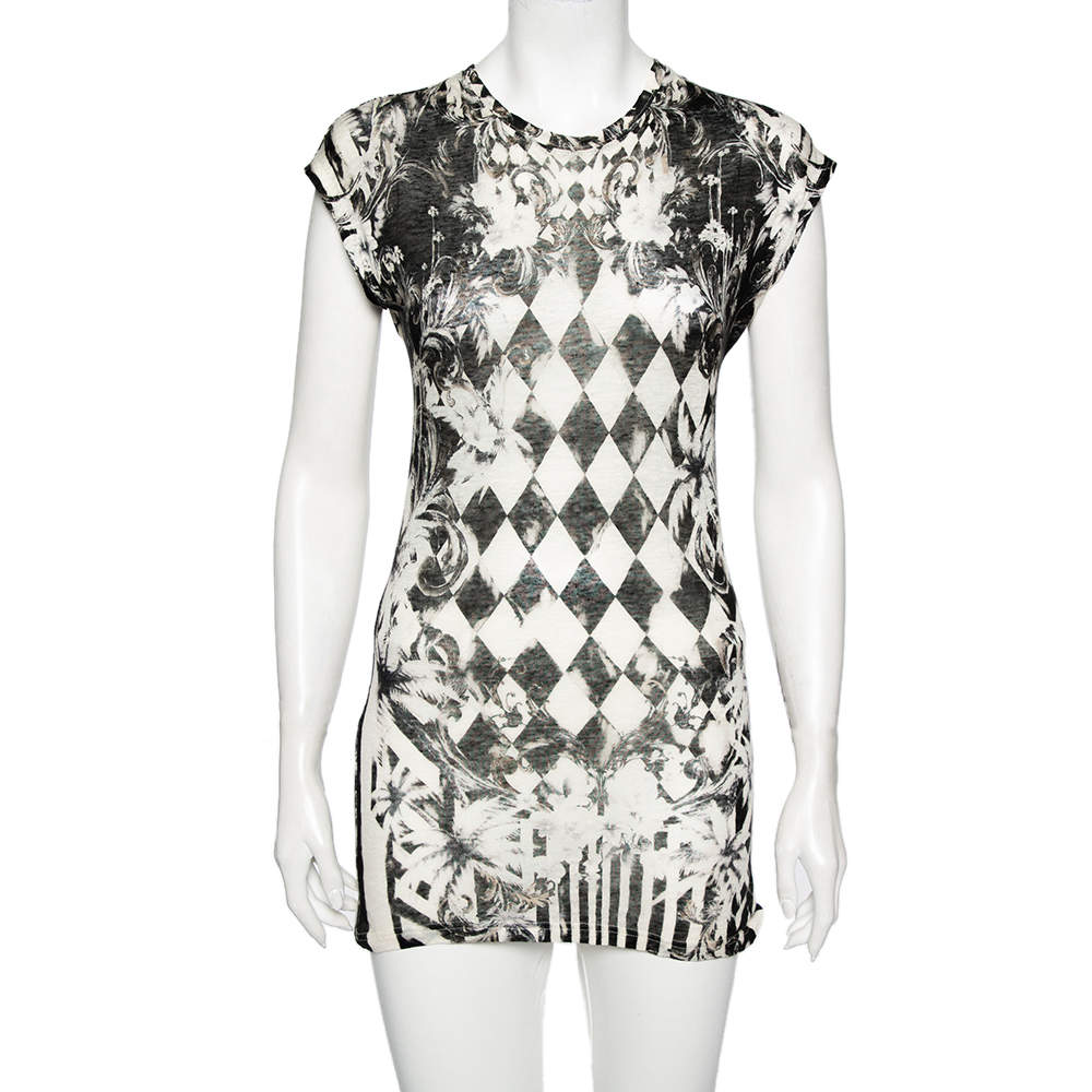 Pre Owned Balmain Monochrome Floral and Harlequin Check Printed Linen Jersey Tank Top M