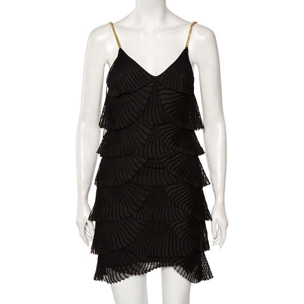 Pre Owned Balmain Black Knit Chain Sleeve Detailed Tiered Mini Dress S