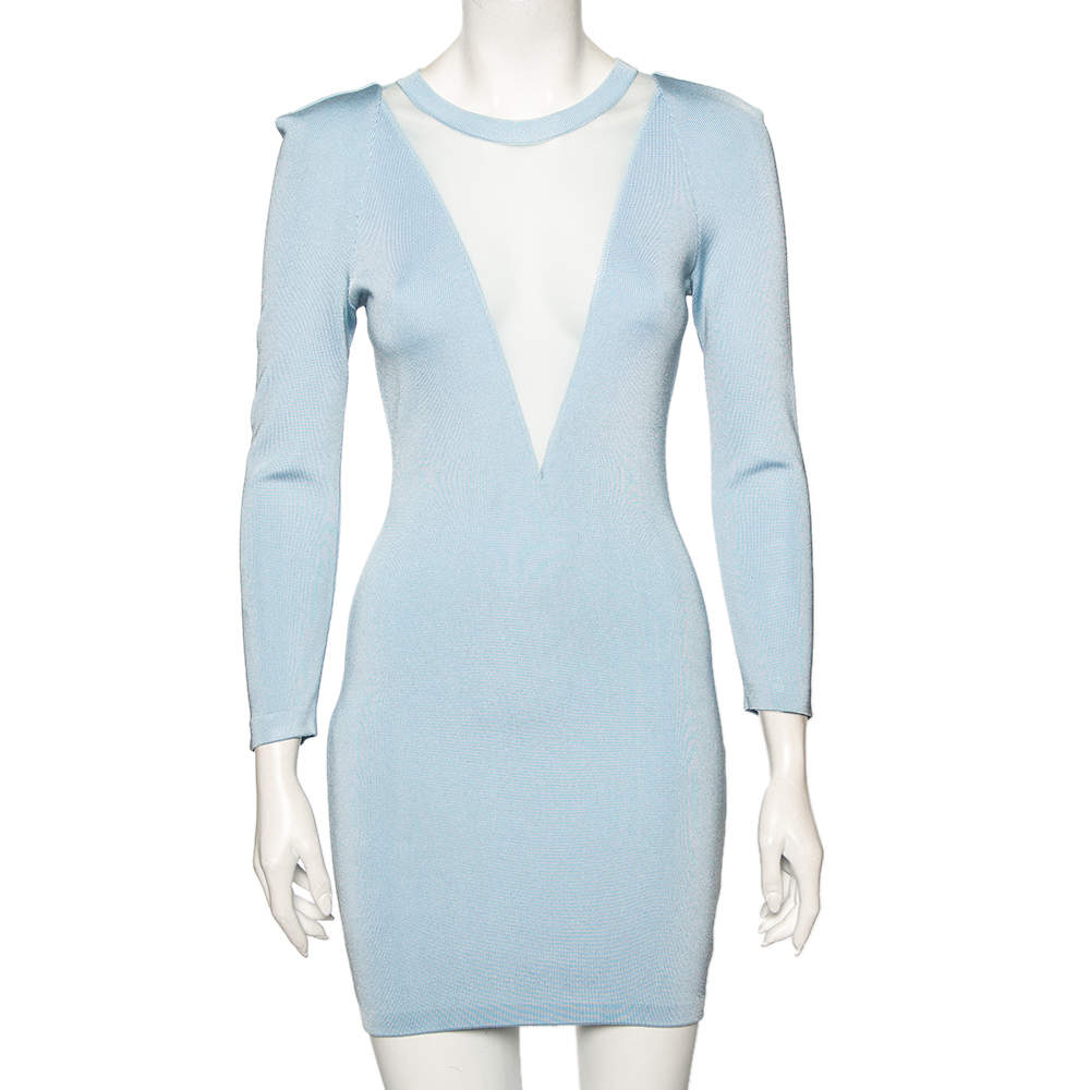 Balmain Light Blue Stretch Knit And Mesh Inset Neck Detailed Bodycon Dress S