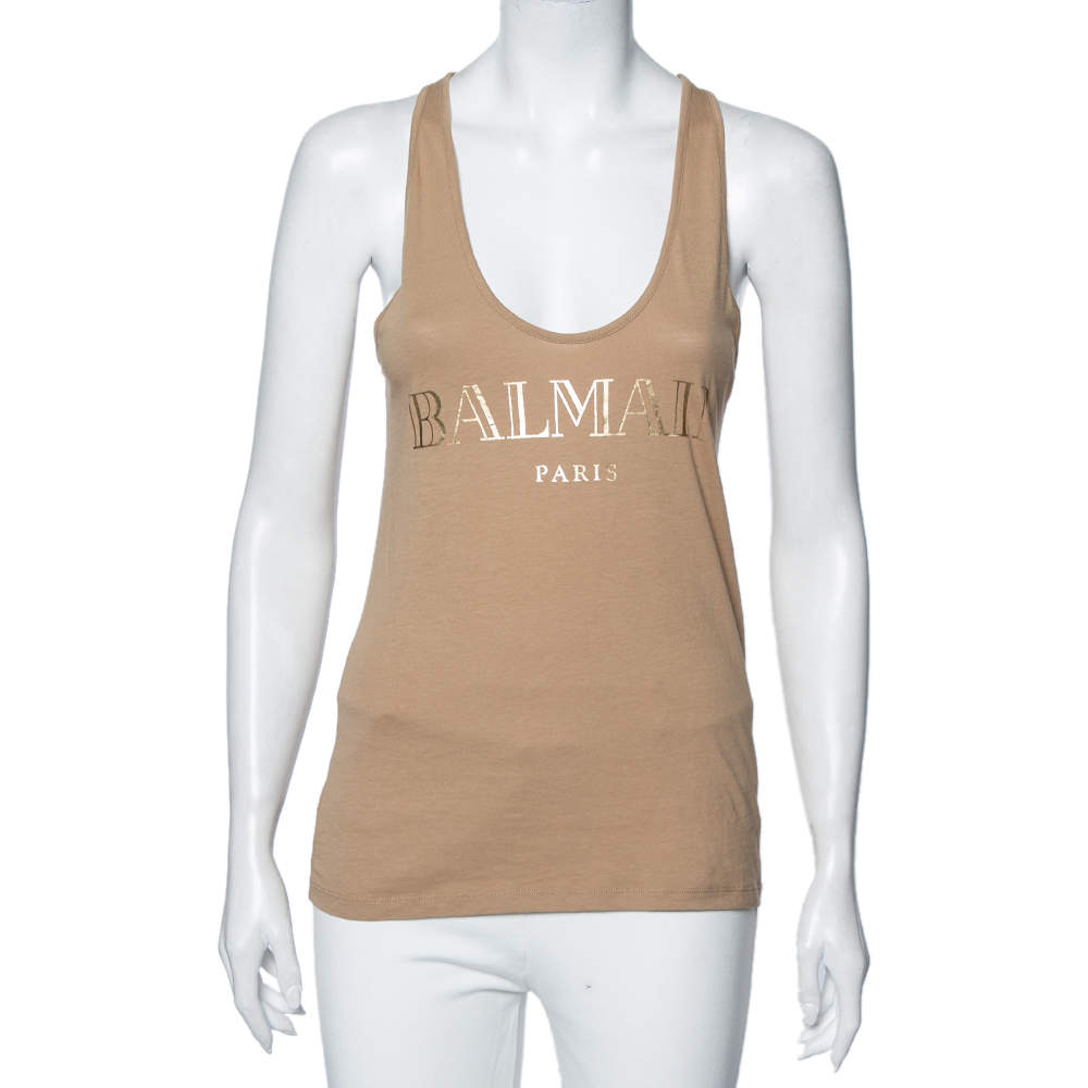 Pre Owned Balmain Beige Logo Printed Cotton Racerback Tank Top S