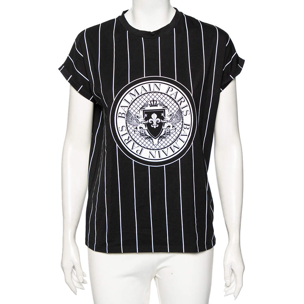 Pre Owned Balmain Black Striped Logo Printed Cotton Short Sleeve Crewneck T-Shirt S