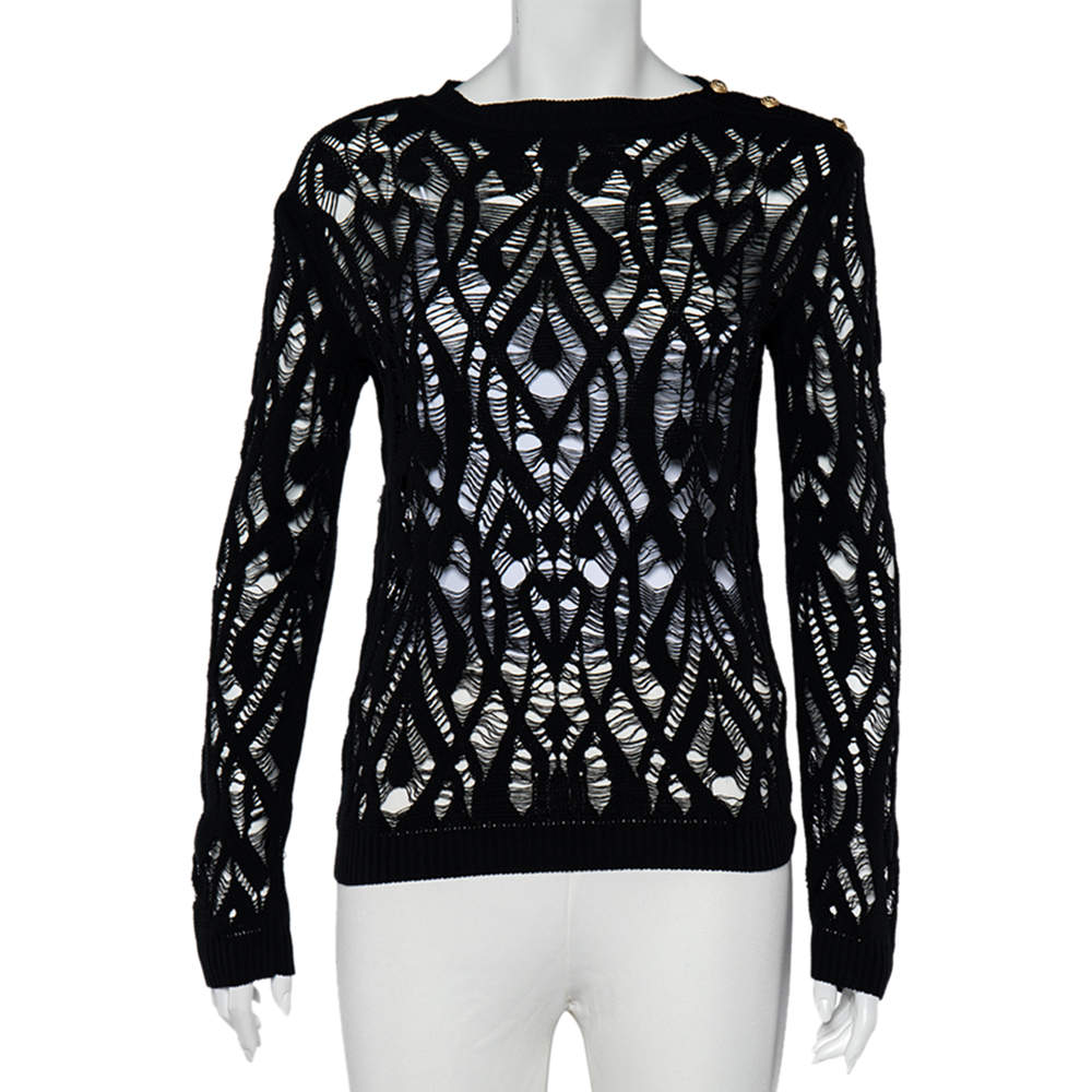 Balmain Black Perforated Knit Sheer Crewneck Top S