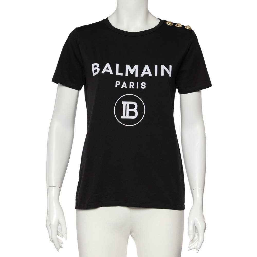 Balmain Black Logo Print Cotton Knit T-Shirt S