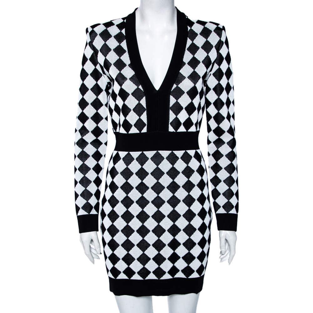 Pre Owned Balmain Monochrome Geometric Patterned Knit V-Neck Short Dress M