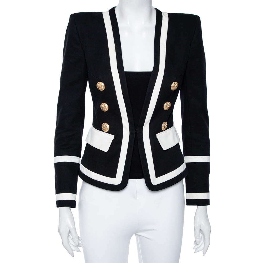 Pre Owned Balmain Monochrome Textured Cotton Button Detail Tailored Blazer S