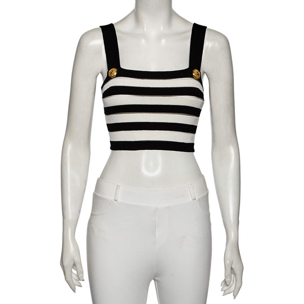 Balmain Monochrome Striped Knit Crop Top M
