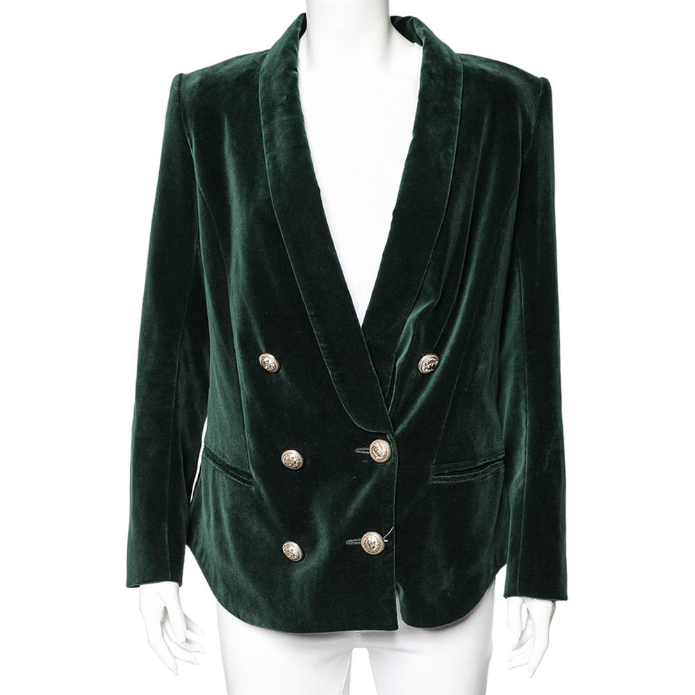 Pre Owned Balmain Green Velvet Double Breasted Blazer L