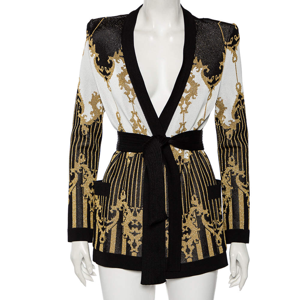 Pre Owned Balmain Black-Gold Jacquard Knit Cardigan L