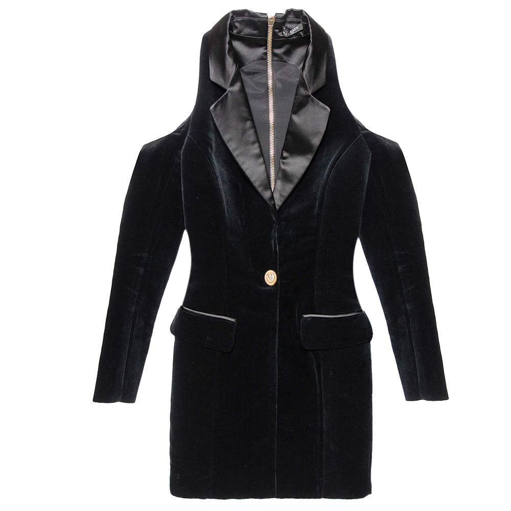 Pre Owned Balmain Black Velvet & Satin Trim Cold Shoulder Blazer Style Dress S