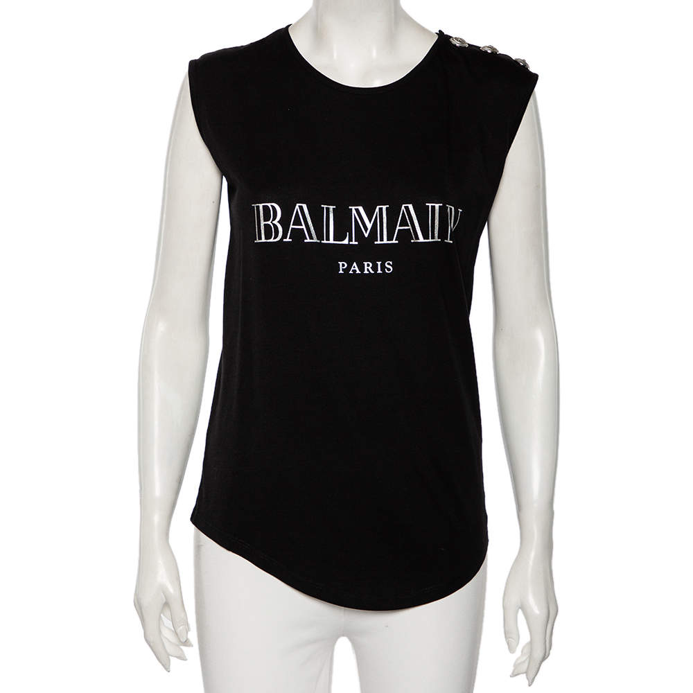 Pre Owned Balmain Black Cotton Logo Printed Tank Top M