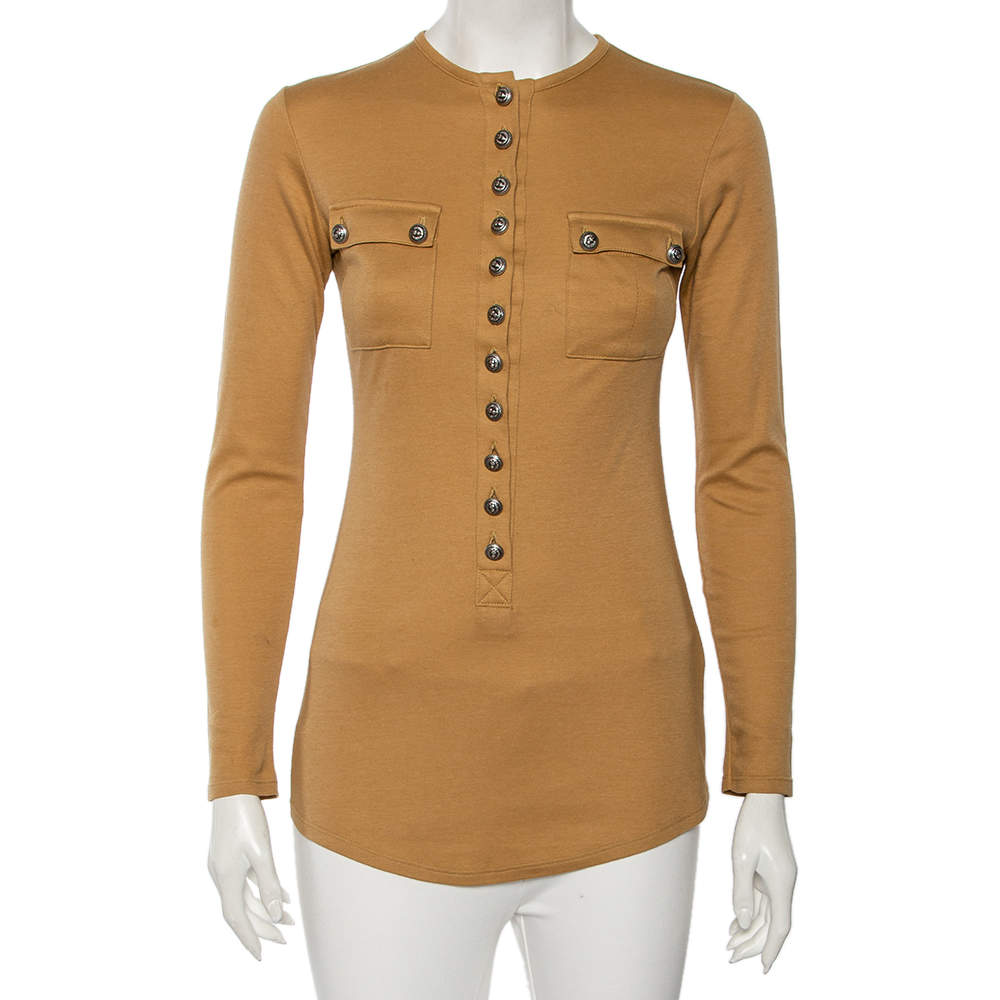 Pre Owned Balmain Tan Cotton & Cashmere Long Sleeve T-Shirt S