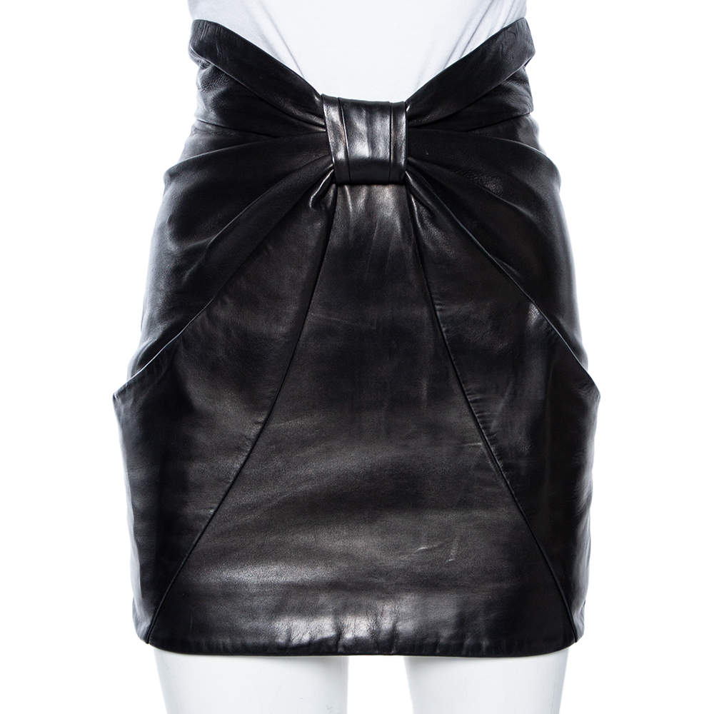 Pre Owned Balmain Black Leather Bow Detail Mini Skirt S