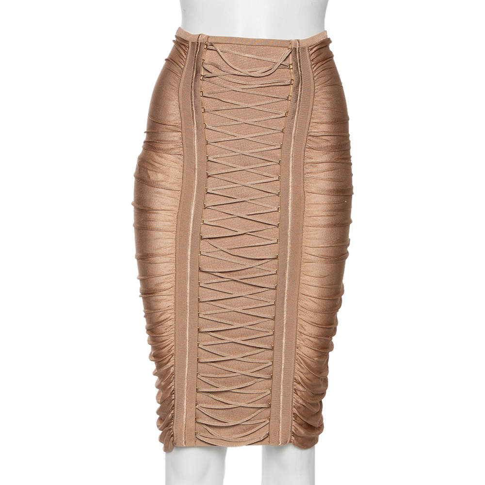 Pre Owned Balmain Beige Stretch Knit Lace-up Detail Ruched Pencil Skirt S