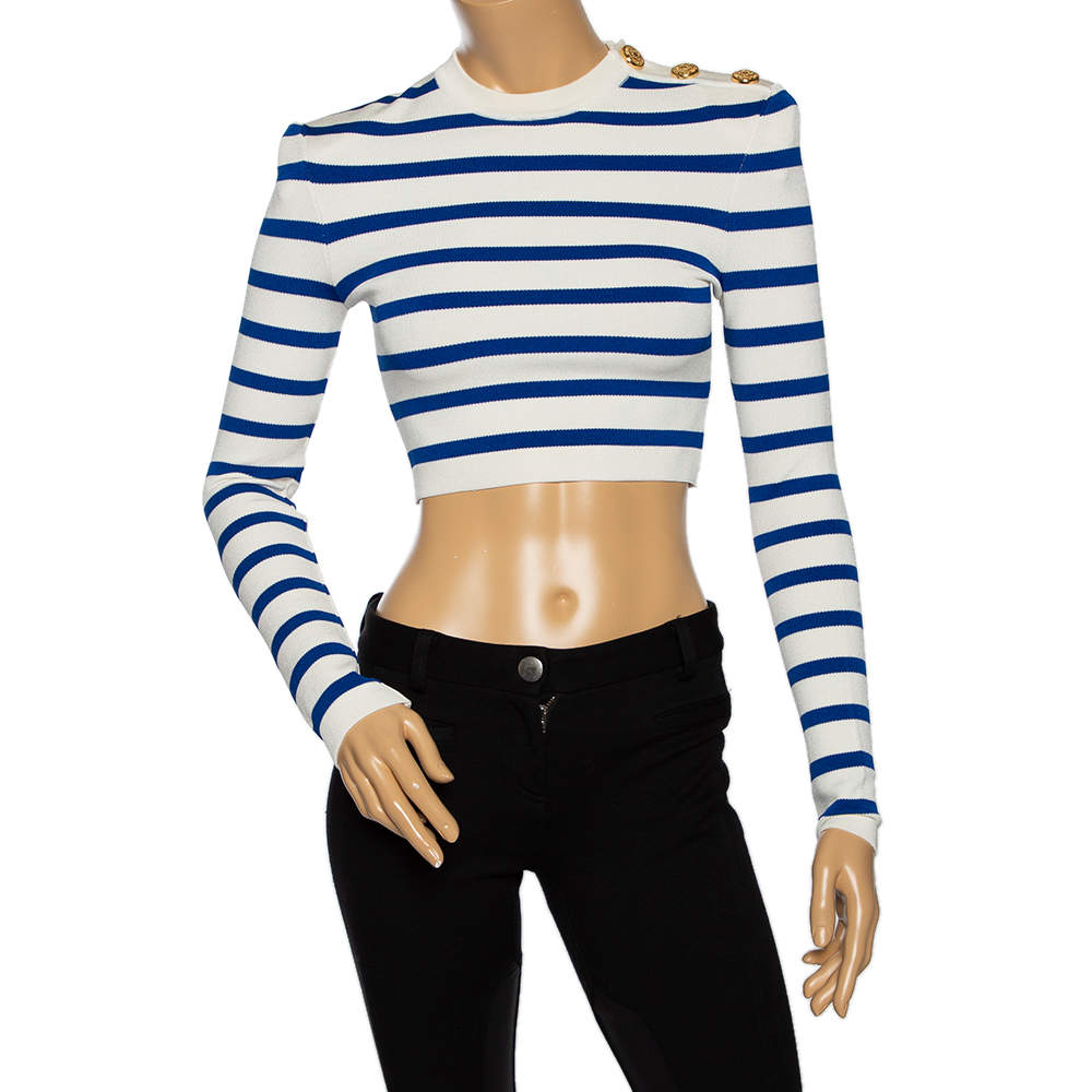 Pre Owned Balmain White & Blue Striped Knit Button Detail Crop Trop S