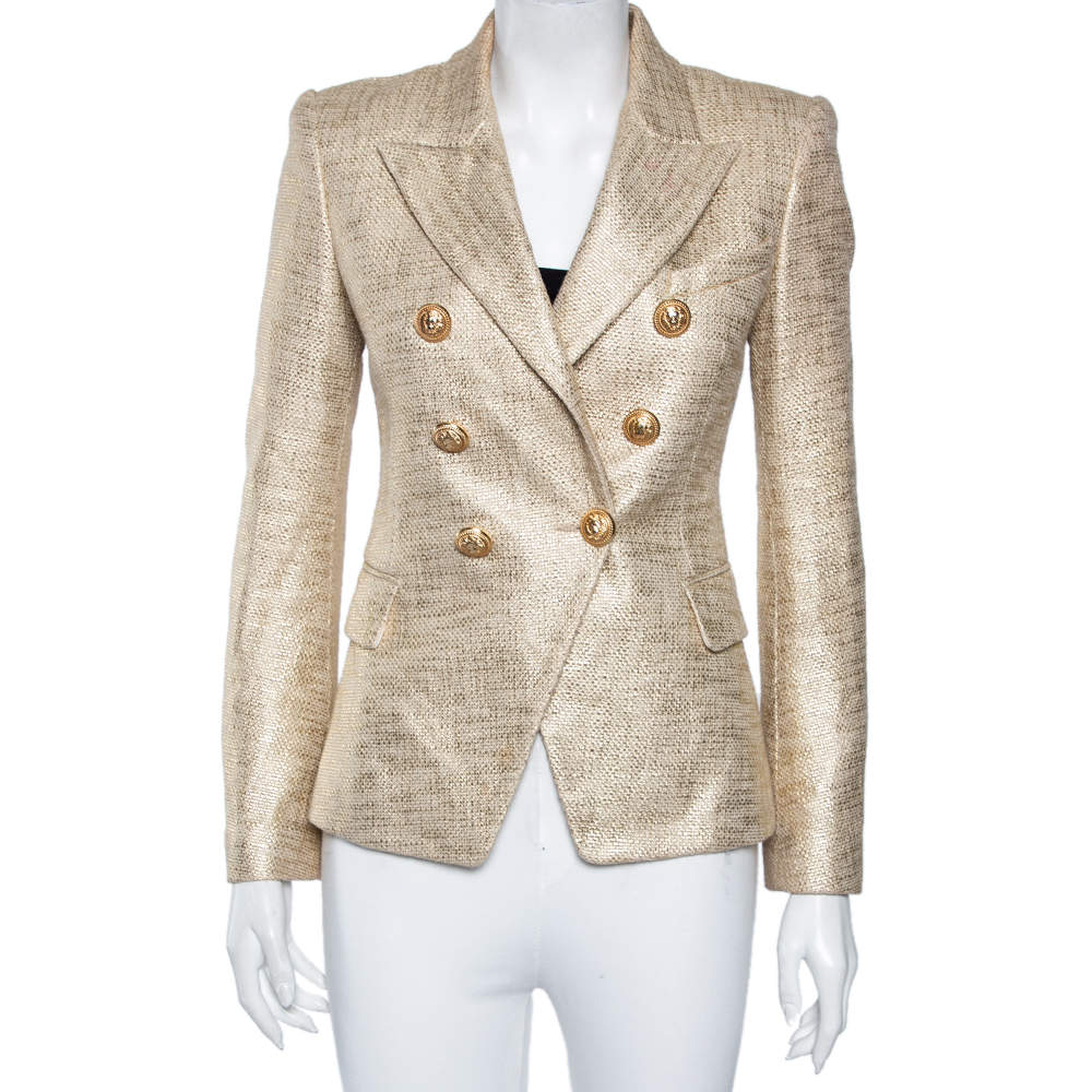 Pre Owned Balmain Gold Cotton Double Breasted Blazer S