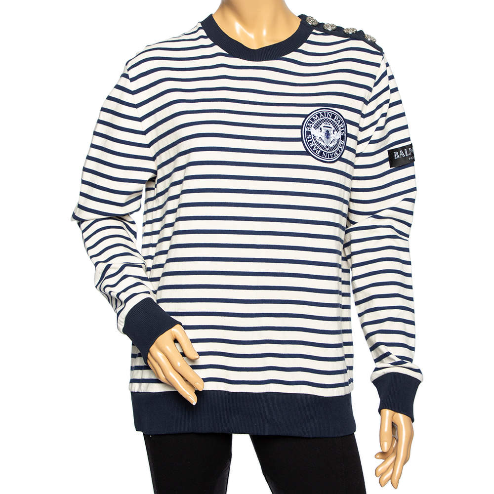 Pre Owned Balmain White & Blue Striped Logo Patch Detailed Long Sleeve Sweatshirt L