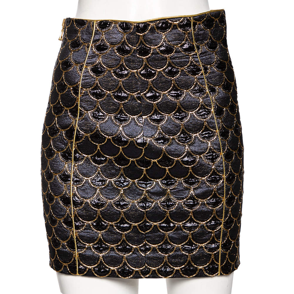 Pre Owned Balmain Black & Gold Scale Patterned Lurex Silk Mini Skirt M