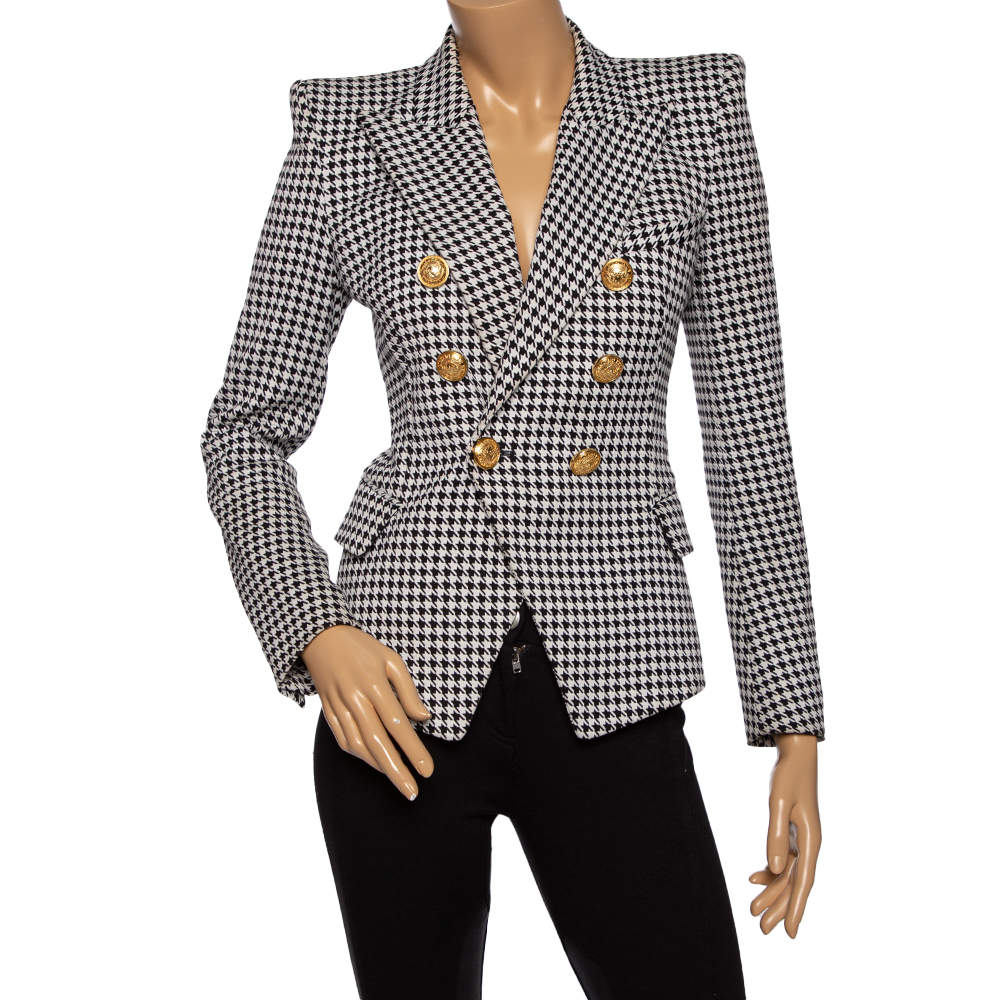 Pre Owned Balmain Monochrome Houndstooth Print Cotton Double Breasted Blazer S 