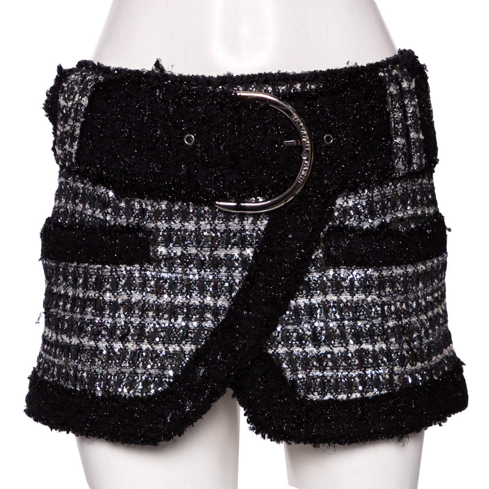Pre Owned Balmain Monochrome Lurex Tweed Belted Mini Skirt S