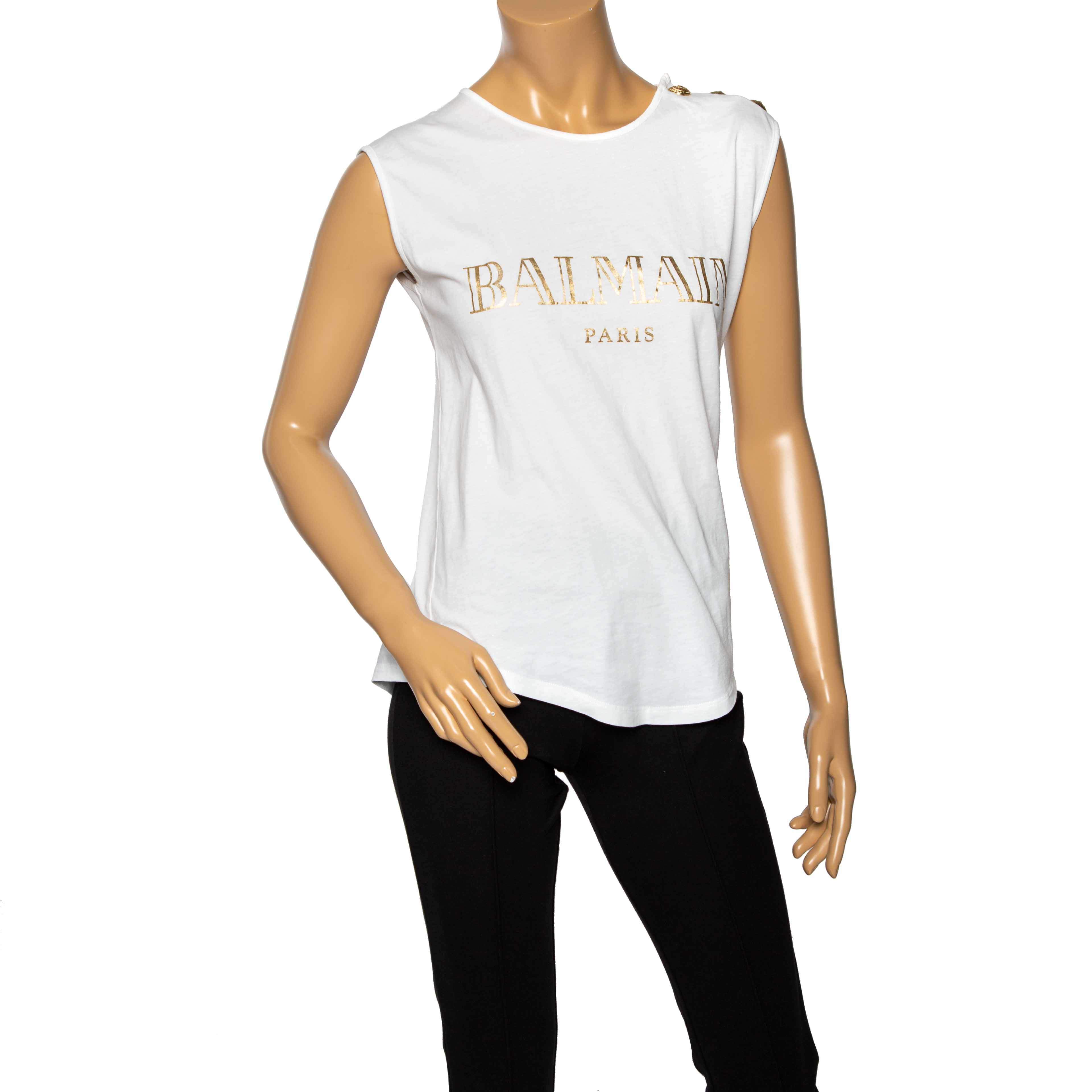 Pre Owned Balmain White Logo Printed Cotton Sleeveless Top M