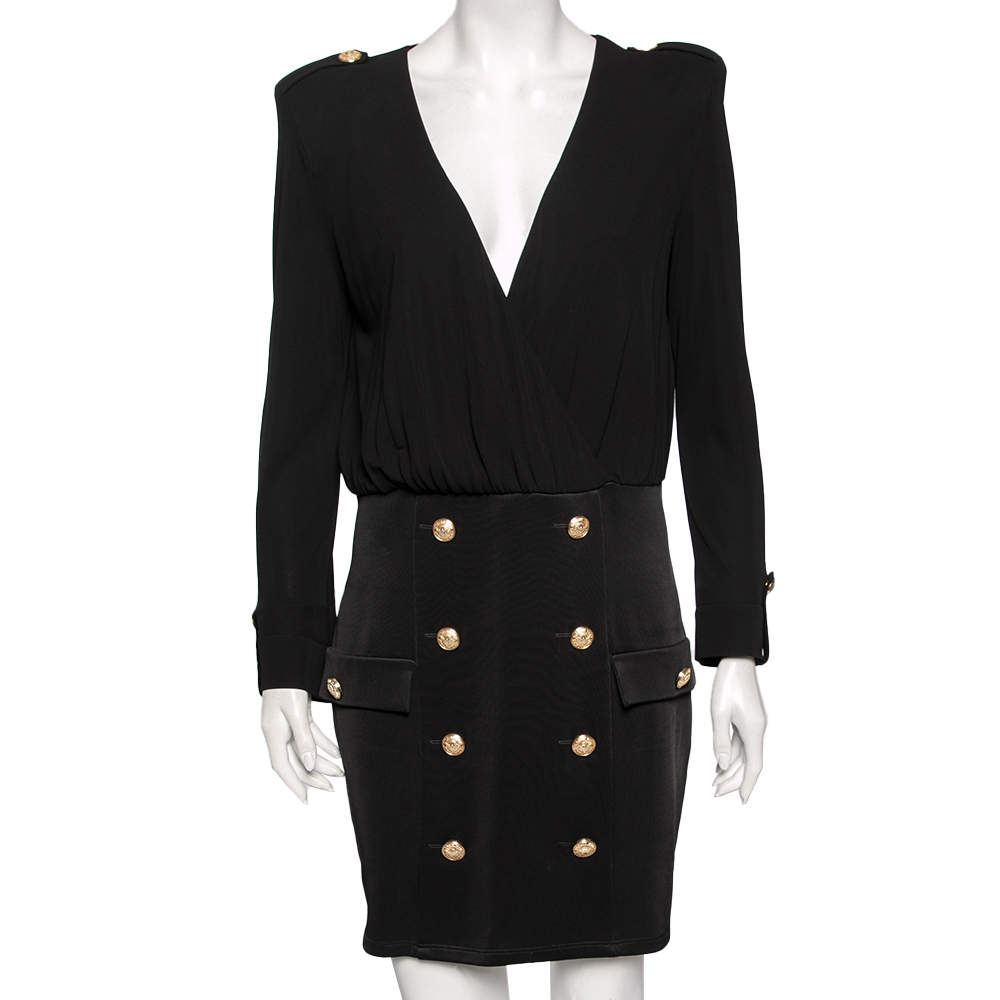 Pre Owned Balmain Black Jersey & Knit Button Detailed Short Dress L