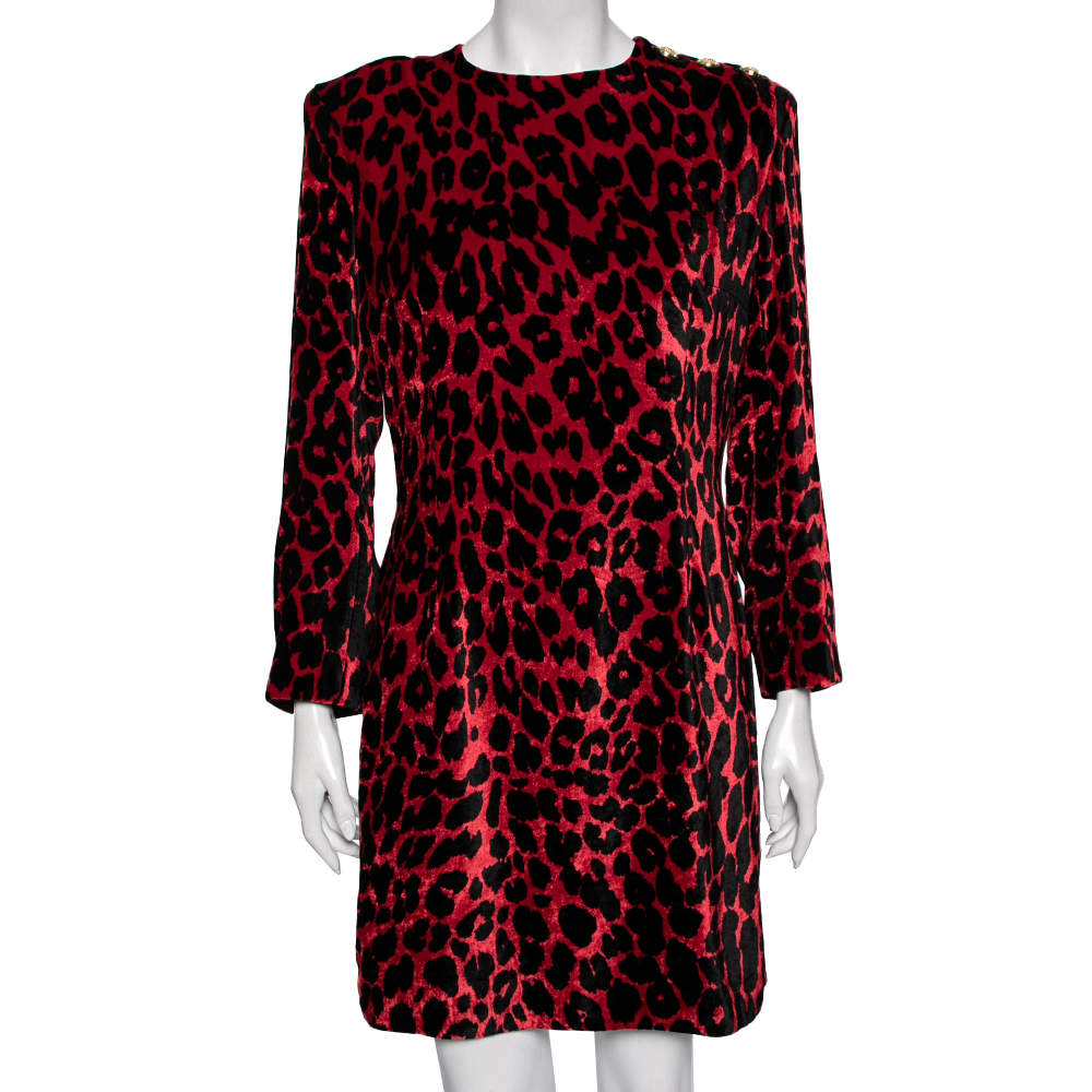 Pre Owned Balmain Red & Black Leopard Print Velvet Mini Dress L
