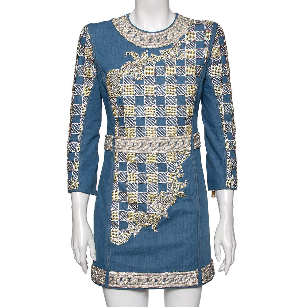 Pre Owned Balmain Blue Cotton Crystal Embellished Long Sleeve Dress M