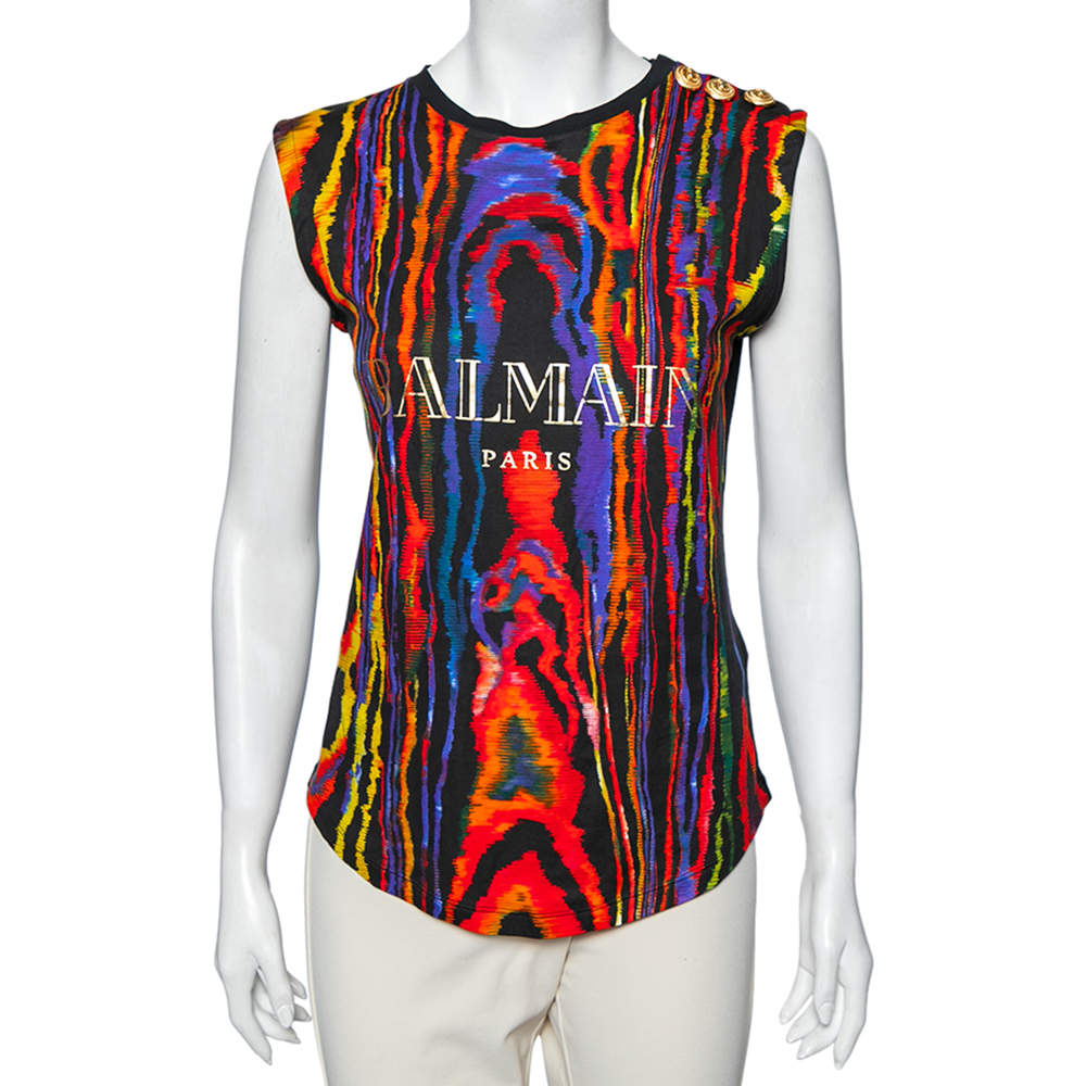Balmain Multicolored Graphic Printed Cotton Sleeveless T-Shirt S