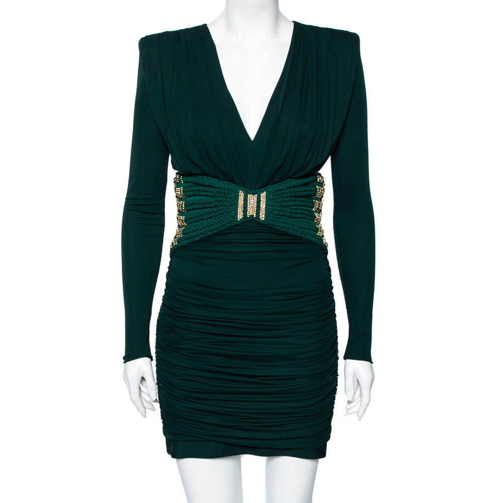Pre Owned Balmain Green Jersey Embellished Detailed Ruched Dress M
