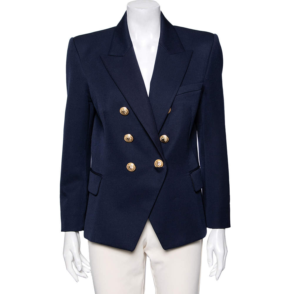 Pre Owned Balmain Navy Blue Wool Double Breasted Blazer XL